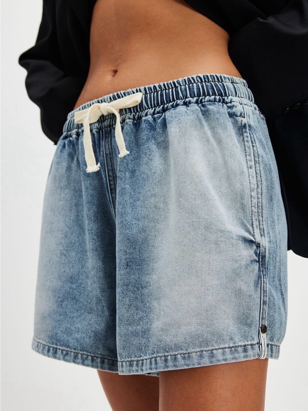 One Teaspoon Light Blue Washed Denim Drawstring Shorts
